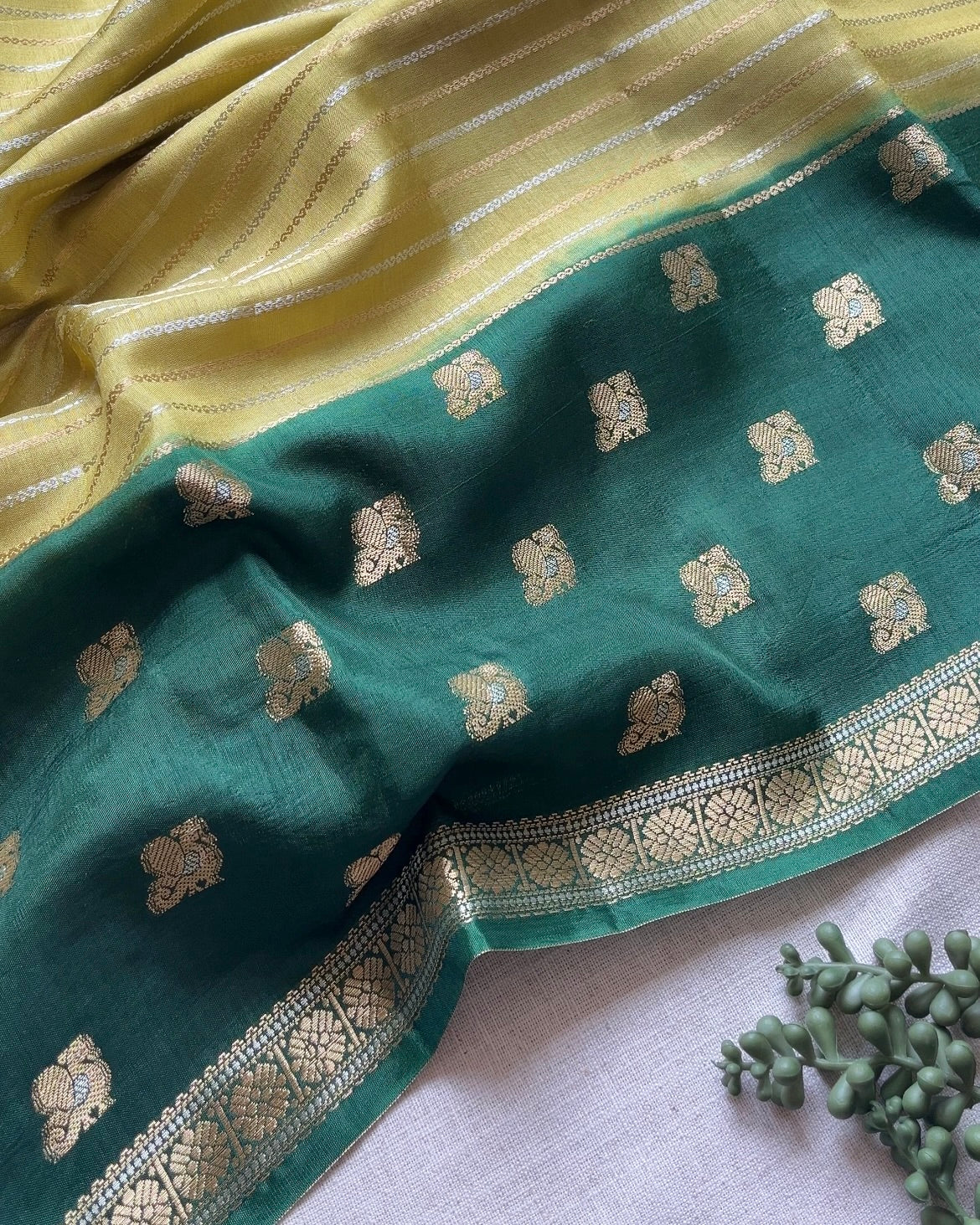 Yellow with Dark Green Viscose Silk Saree